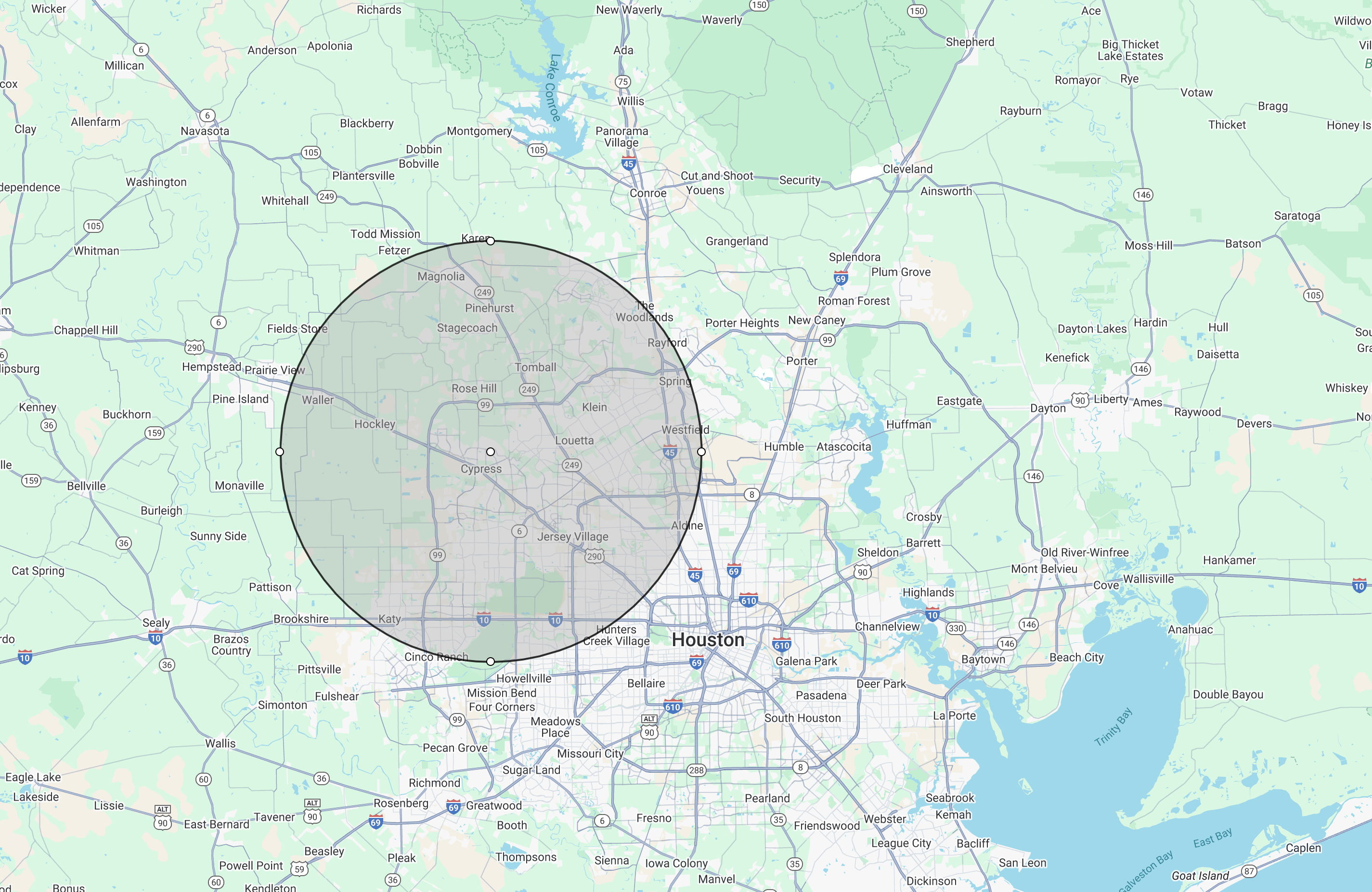 Map of the Blu Junk Removal service area: a 10-mile radius around Cypress, TX